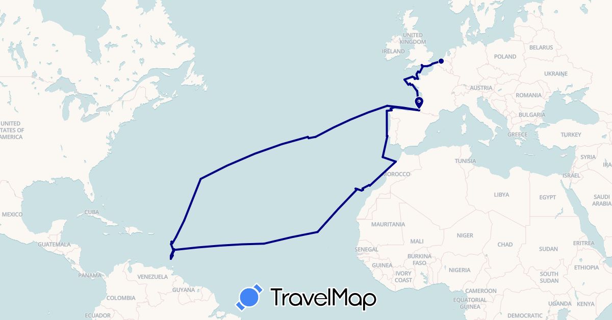 TravelMap itinerary: driving in Spain, France, United Kingdom, Grenada, Guernsey, Jersey, Saint Lucia, Morocco, Netherlands, Portugal, Saint Vincent and the Grenadines (Africa, Europe, North America)